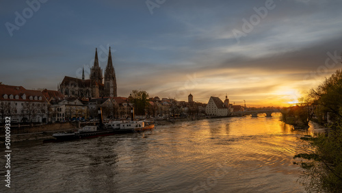 Cityscape image of Regensburg, Germany during spring sunset