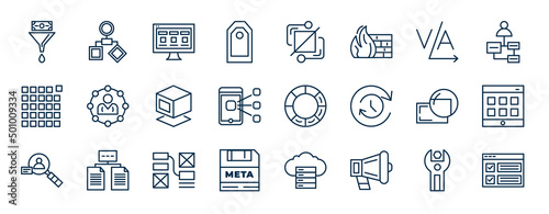 set of technology web icons in outline style. thin line icons such as conversion, attributes, kerning, affiliate marketing, colory theory, web apps, wireframe, call to action vector.