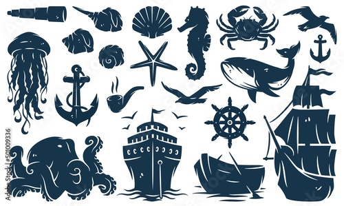Nautical ocean lighthouse and walrus, sea marine anchor and captain cap, sealife with shellfish, kraken, ship and helm