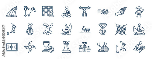 set of sports web icons in outline style. thin line icons such as running track, man riding bike, starting gun, medal with number 1, skibob, person riding on sleigh, basketball champion, golf photo