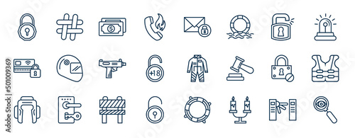 set of security web icons in outline style. thin line icons such as padlock unlocked, fire phone, unlock padlock, racing helmet, race suit, reflective vest, obstacle, candles light vector.