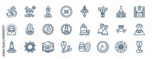 set of religion web icons in outline style. thin line icons such as hinduism, nihilism, christianity, hamsa, prayer, cao dai, islam, asceticism vector.