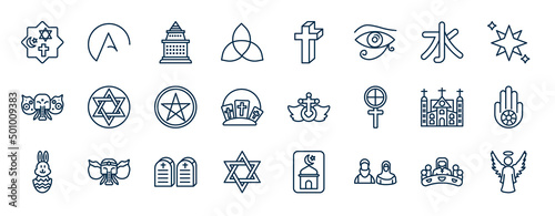 set of religion web icons in outline style. thin line icons such as monotheism, paganism, confucianism, judaism, heresy, jainism, commandments, muslim vector.