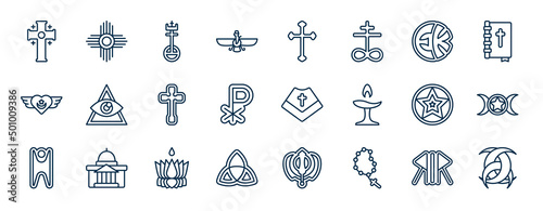set of religion web icons in outline style. thin line icons such as greek cross, faravahar, eckankar, caodaism, mantle, wicca, ayyavazhi, bead vector. photo