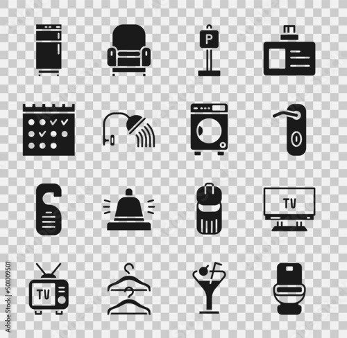 Set Toilet bowl, Smart Tv, Door handle, Parking, Shower head, Hotel booking calendar, Refrigerator and Washer icon. Vector
