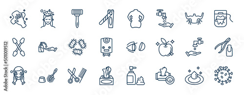 set of hygiene web icons in outline style. thin line icons such as dust cleaning, nail clippers, body odour, gel, lens, nail scissors, grooming, baby wipe vector.