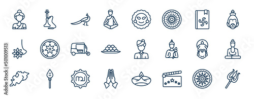 set of india web icons in outline style. thin line icons such as india mother, guru, vedas, bihu, indian man, buddhist, tamil language, vector.