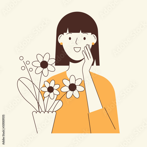 Illustration of a happy and surprised woman looking at the gifted flowers. Minimalist flat vector design.