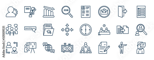set of human resources web icons in outline style. thin line icons such as administrator, job search, quit, searching, time, recruitment, language, contract vector.