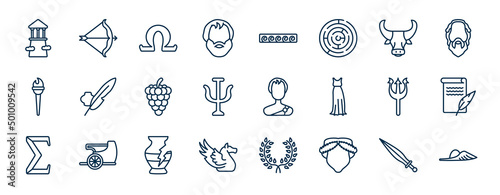 set of greece web icons in outline style. thin line icons such as olympus, aristotle, minotaur, ink and quill, alexander the great, letter quill, broken amphora, muse vector.