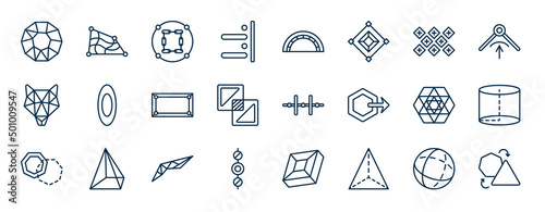 set of geometric figure web icons in outline style. thin line icons such as polygon, right alignment, tile, oval, vertical alignment, cylinder, polygonal wings, tetrahedron vector. photo