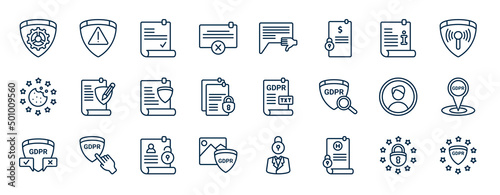 set of gdpr web icons in outline style. thin line icons such as gear, delete, information, rectification, text file, address, right to access, medical record vector.