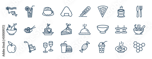 set of food web icons in outline style. thin line icons such as fishing line, rice ball with seaweed, tea cup of japan, sushi dish, hotel service, bowl of food, stemware, plastic drinking cup