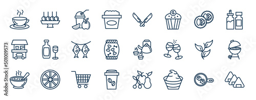 set of food web icons in outline style. thin line icons such as hot drinks, canjica, sushi roll, wine glass and bottle, japanese tea pot, cooking on the, cart graphic, mayonnaise vector.