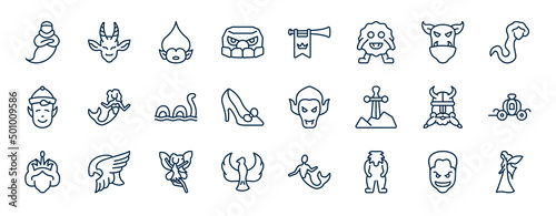 set of fairy tale web icons in outline style. thin line icons such as genie, , ogre, mermaid, vampire, cinderella carriage, fairy, yeti vector.