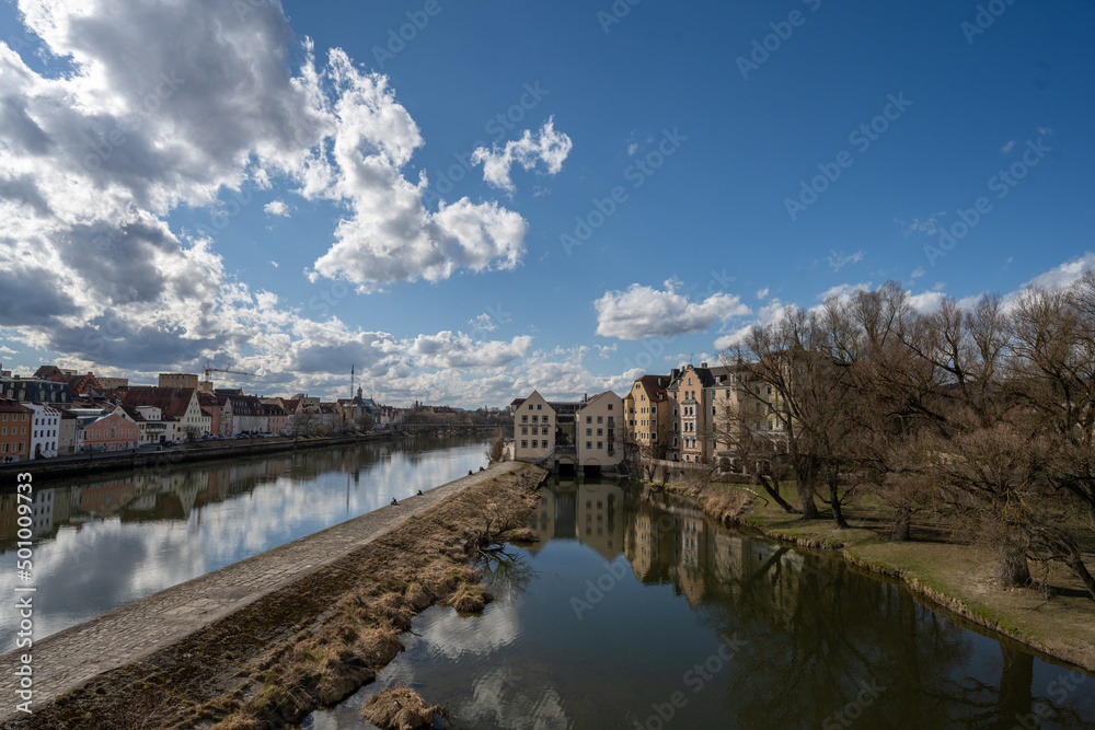 Fototapeta premium Row of houses on the branch of the Danube in Regensburg