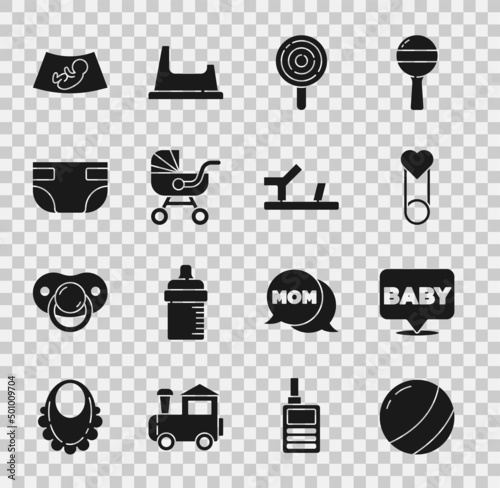 Fényképezés Set Beach ball, Baby, clothes pin, Lollipop, stroller, absorbent diaper, Ultrasound of baby and shoes icon