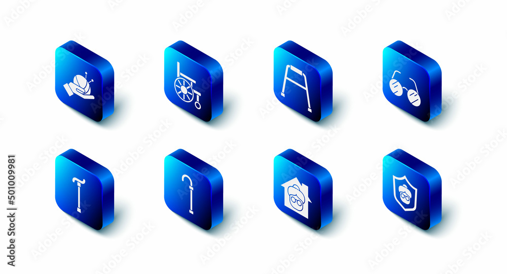 Set Wheelchair, Walker, Eyeglasses, Grandmother, Nursing home, Walking stick cane, and Yarn ball with knitting needles icon. Vector