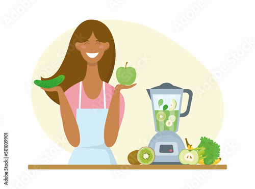 Young black woman making a smoothie or cocktail in a blender from green vegetables and fruits. Vector
