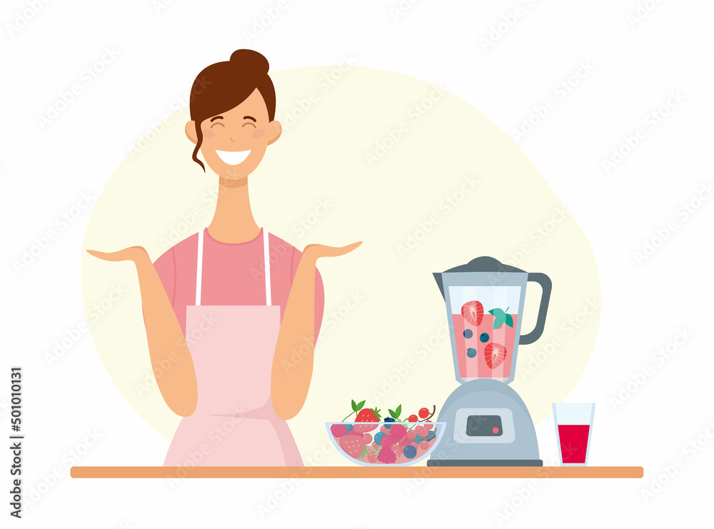 Young happy woman makes a berry smoothie or smoothie in a blender. Glass of smoothie, plate with berries. Vector Young happy woman makes a berry smoothie or smoothie in a blender. Glass of smoothie, plate with berries. Vector