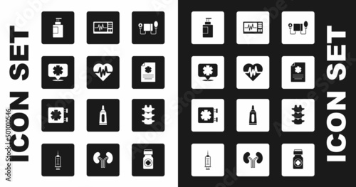 Set Blood pressure, Heart rate, Medical symbol of the Emergency, Hand sanitizer bottle, Clinical record, Monitor with cardiogram, Human spine and icon. Vector