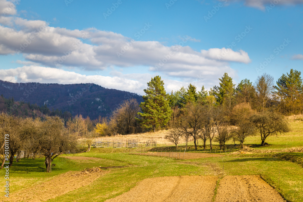 Rural mountainous landscape scenery in spring time. Fields and meadows with a background of hills.