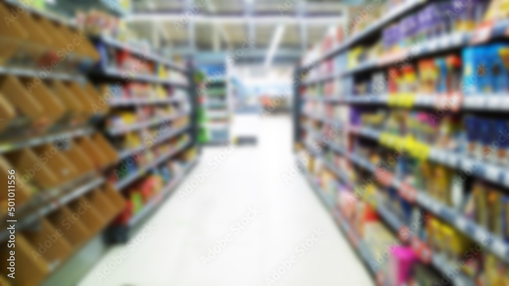 Abstract blur image of supermarket background. Defocused shelves with products. Grocery shopping. Store. Retail industry. Rack. Discount. Inflation and crisis concept. Aisle.  Rising food prices.
