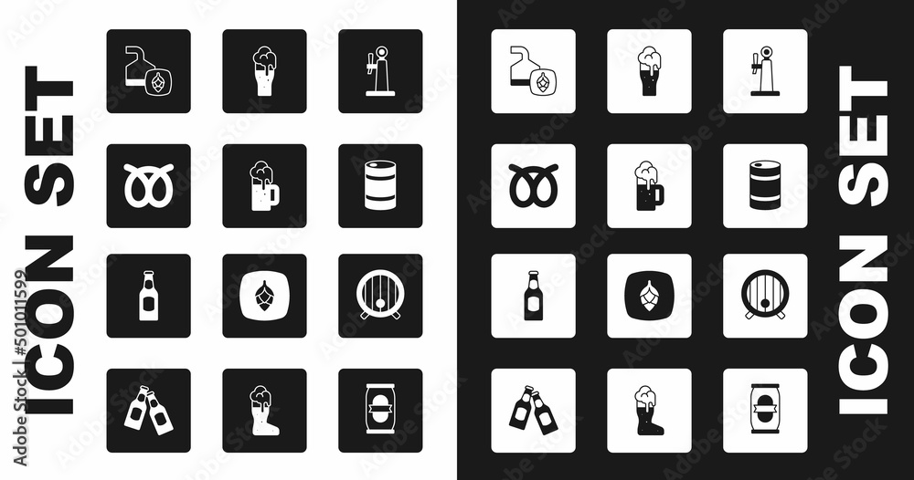 Set Beer tap, Wooden beer mug, Pretzel, brewing process, Metal keg, Glass of, barrel and bottle icon. Vector Set Beer tap, Wooden beer mug, Pretzel, brewing process, Metal keg, Glass of, barrel and bottle icon. Vector