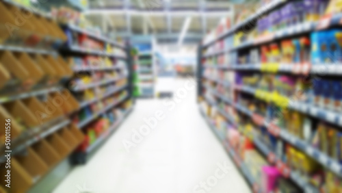 Abstract blur image of supermarket background. Defocused shelves with products. Grocery shopping. Store. Retail industry. Rack. Discount. Inflation and crisis concept. Aisle. Rising food prices.