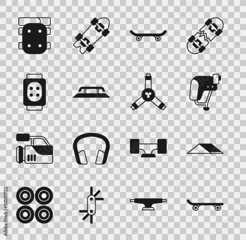 Set Skateboard, park, helmet, stairs with rail, Knee pads, and Y-tool icon. Vector