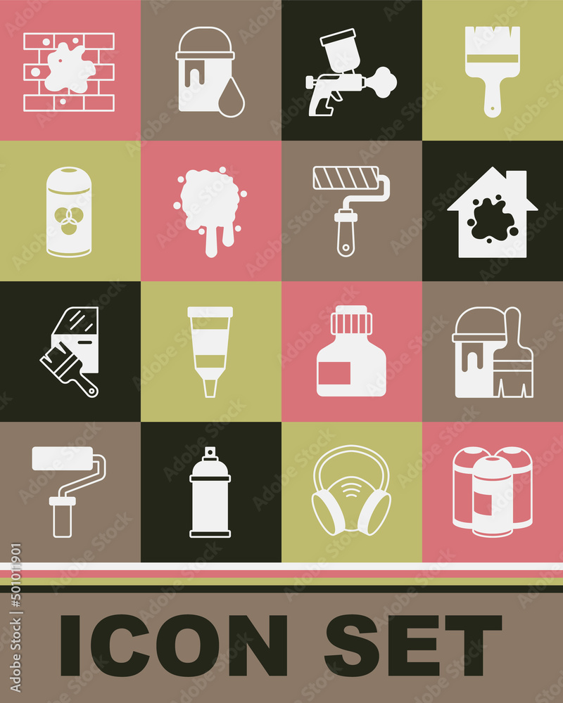 Set Paint spray can, bucket with brush, Painting the house, gun, and roller icon. Vector Set Paint spray can, bucket with brush, Painting the house, gun, and roller icon. Vector