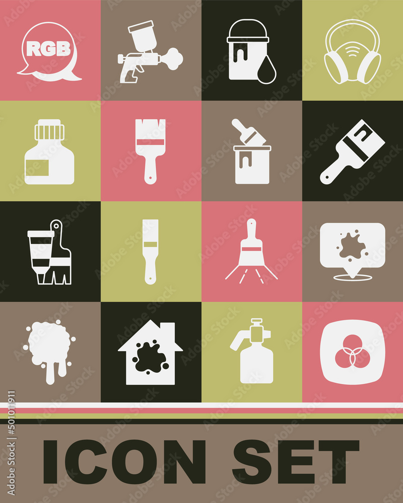 Set RGB and CMYK color mixing, Paint spray, brush, bucket, Paint, gouache, jar, dye, and with icon. Vector Set RGB and CMYK color mixing, Paint spray, brush, bucket, Paint, gouache, jar, dye, and with icon. Vector