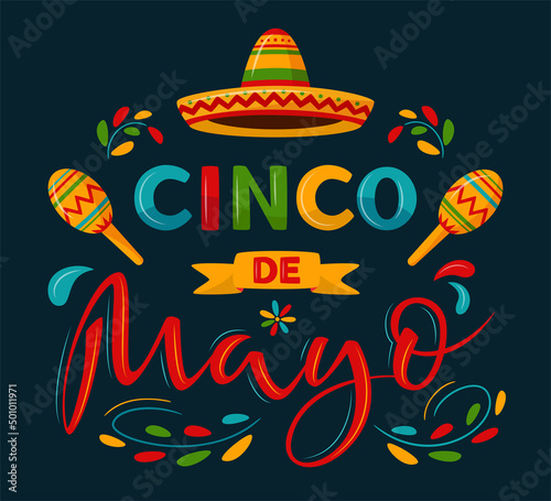 Cinco de Mayo, May 5, federal holiday in Mexico. Fiesta vector banner design with sombrero and Mexican decorations on dark background. Lettering sign for poster, greeting card