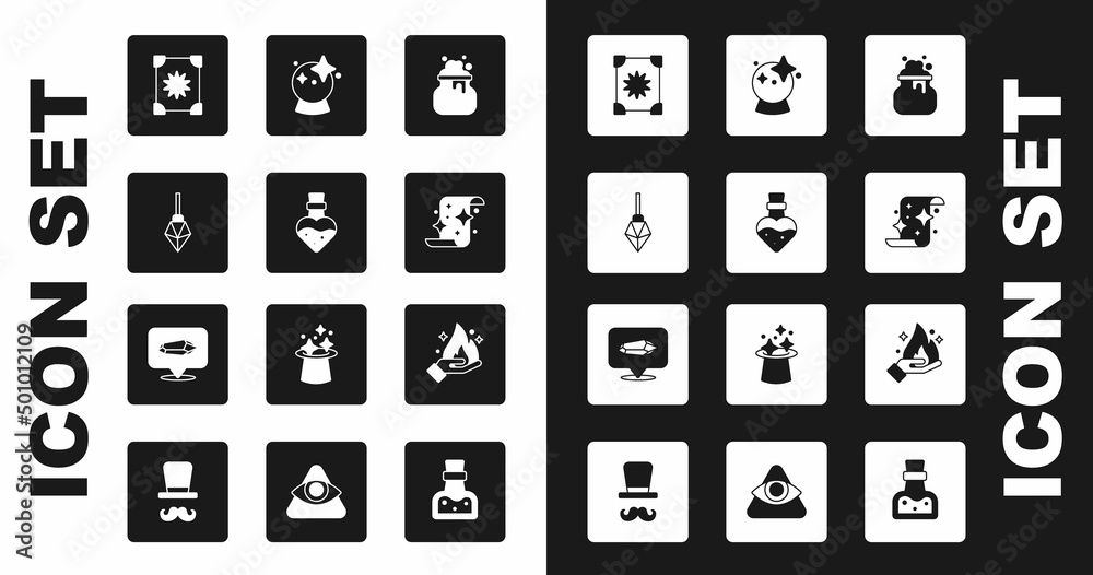 Set Witch cauldron, Bottle with potion, Magic stone, Ancient magic book, scroll, ball, Hand holding fire and icon. Vector