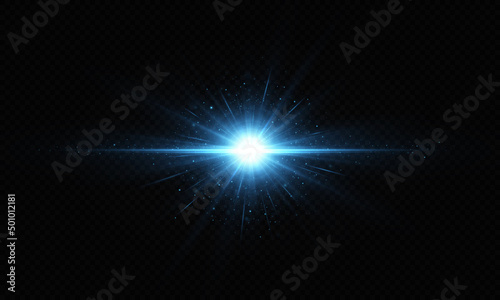Shining blue star. Light Effect Bright Star, Christmas Star. Blue glowing light explodes.