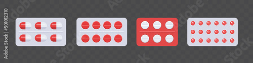 Blister packs with pills. Round, capsule and dragee pills. A set of medicines isolated on a gray background. Vector clipart.