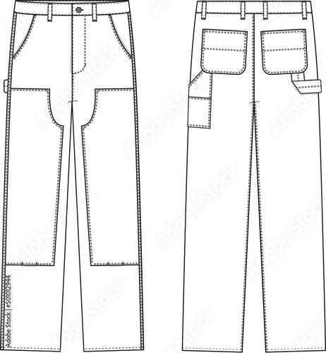 Double Knee Carpenter Pants Straight Leg Flat Technical Drawing Illustration Classic Blank 
 Workwear Streetwear Mock-up Template for Design and Tech Packs CAD