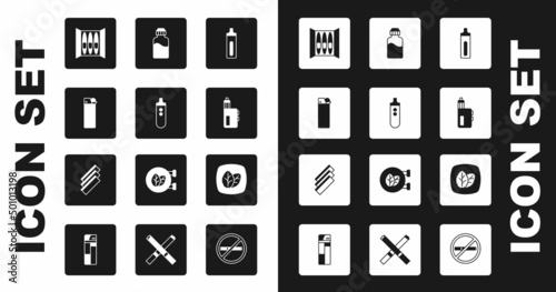Set Electronic cigarette, Lighter, Cigar, Vape mod device, liquid bottle, Tobacco leaf and Cigarette rolling papers icon. Vector