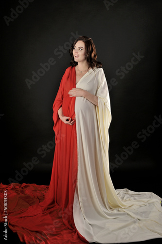Beautiful pregnant woman in the dress posing isolated on the black background