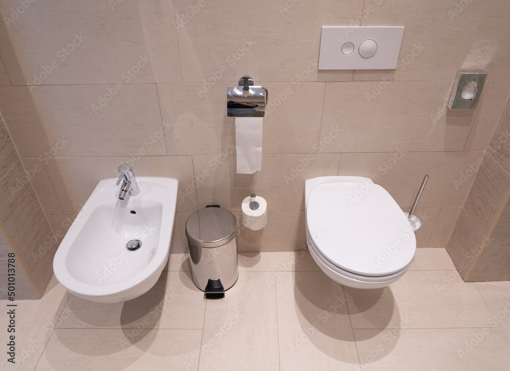 Fototapeta premium modern toilet with toilet, bidet and toiletries