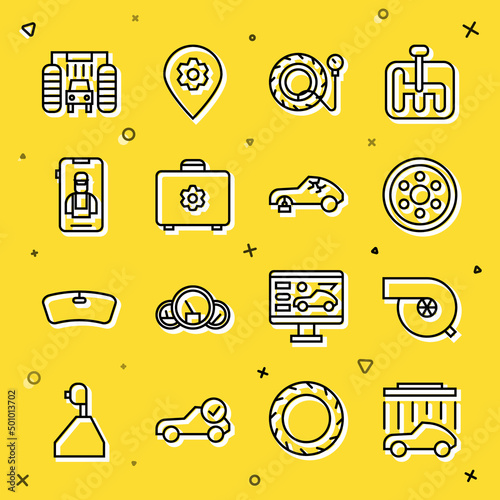 Set line Car wash, Automotive turbocharger, Alloy wheel, Tire pressure gauge, Toolbox, Online car services, and Broken icon. Vector