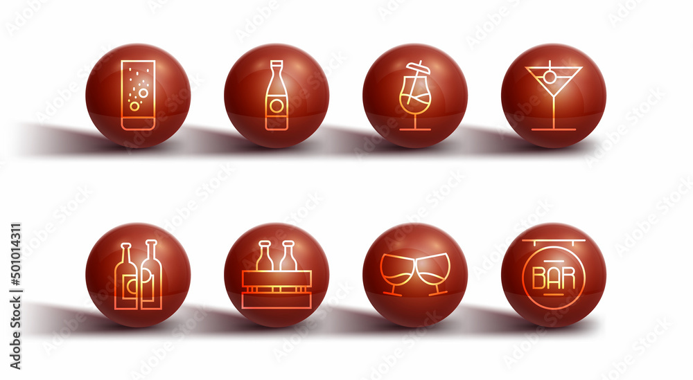 Set line Effervescent tablets in water, Bottles of wine, Martini glass, Glass cognac or brandy, Pack beer bottles, Beer, Street signboard with Bar and Cocktail icon. Vector Set line Effervescent tablets in water, Bottles of wine, Martini glass, Glass cognac or brandy, Pack beer bottles, Beer, Street signboard with Bar and Cocktail icon. Vector