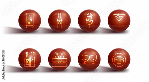 Set line Effervescent tablets in water, Bottles of wine, Martini glass, Glass cognac or brandy, Pack beer bottles, Beer, Street signboard with Bar and Cocktail icon. Vector