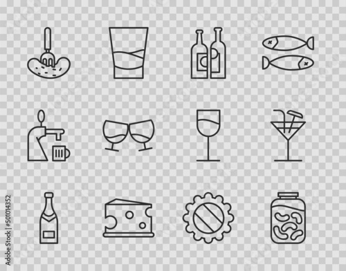 Set line Champagne bottle, Pickled cucumbers in jar, Bottles of wine, Cheese, on fork, Glass cognac brandy, cap and Cocktail icon. Vector