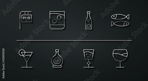 Set line Street signboard with Pub, Martini glass, Dried fish, Wine, Bottle of cognac or brandy, Glass whiskey, and Champagne bottle icon. Vector