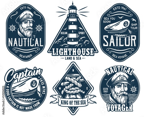 Nautical ocean lighthouse, sea marine bollard, captain cap, voyage and marine cruises