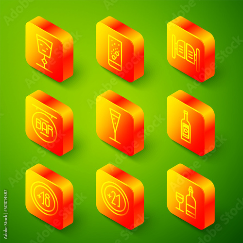 Set line Wine glass, Effervescent tablets water, Saloon door, Street signboard with Bar, Glass of champagne, bottle vodka, Alcohol 18 plus and 21 icon. Vector