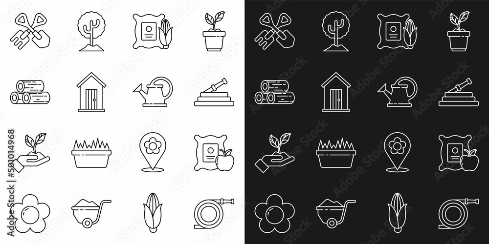 Set line Garden hose or fire hose, Apple in the sack, Corn, Farm house, Wooden logs, Shovel and rake and Watering can icon. Vector