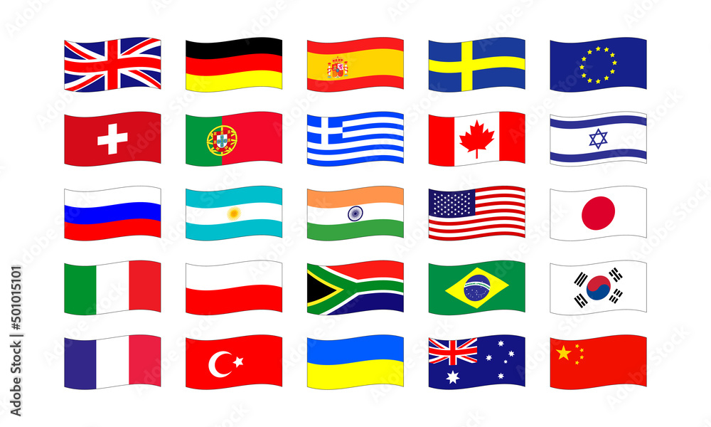 Set of waving popular country flags isolated on white background. Vector EPS 10 Set of waving popular country flags isolated on white background. Vector EPS 10