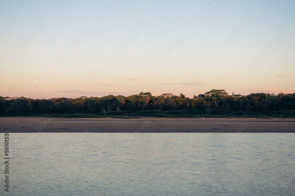 Naklejka premium Jungle landscape with river, beach and trees in Tambopata Peru
